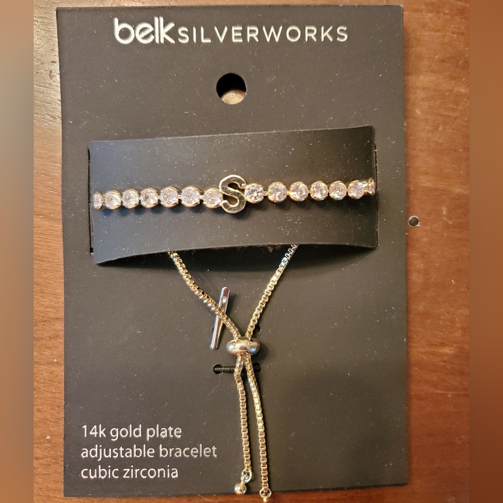 Belk Silverworks 14k Gold Plated Cubic Zirconia Initial S Adjustable Bra…